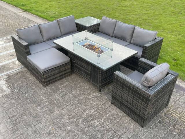 Fimous Rattan Garden Corner Furniture Gas Fire Pit Table Sets Gas Heater Lounge Chair in Dark Grey - image 1