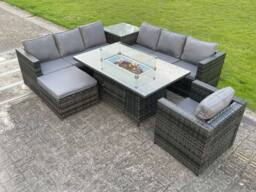 Fimous Rattan Garden Corner Furniture Gas Fire Pit Table Sets Gas Heater Lounge Chair in Dark Grey