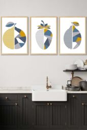 ARTZE Set of 3 Oak Framed Geometric Fruit Strawberry Blue Yellow Wall Art in Mid Blue - Size: W33 cm x H45 cm x D20mm - thumbnail 1