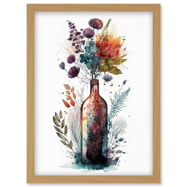 Artery8 Wine Bottle with Wildflower Floral Spring Bouquet Artwork Framed Wall Art Print A4 in Light Oak - image 1