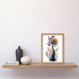 Artery8 Wine Bottle with Wildflower Floral Spring Bouquet Artwork Framed Wall Art Print A4 in Light Oak - thumbnail 2
