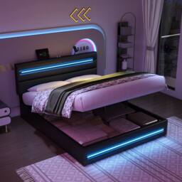 Matteo King Black Upholstered Bed Frame with Ottoman Storage, LED & USB Ports - thumbnail 2