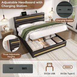 Matteo King Black Upholstered Bed Frame with Ottoman Storage, LED & USB Ports - thumbnail 6