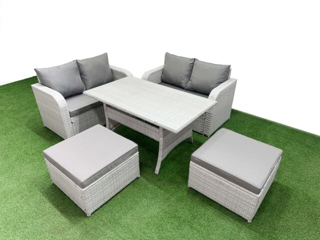 Fimous 6 Seater Outdoor Love Sofa Set Rattan Garden Furniture Set with Rectangular Dining Table 2 Footstool Light Grey - image 1