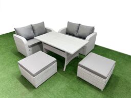 Fimous 6 Seater Outdoor Love Sofa Set Rattan Garden Furniture Set with Rectangular Dining Table 2 Footstool Light Grey - thumbnail 1