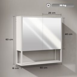 HOMCOM Industrial Bathroom Cabinet with 2 Mirrored Doors Open Shelf, White - Size: W600mm x H600mm - thumbnail 3