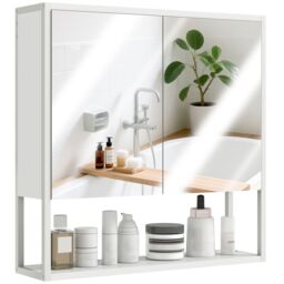 HOMCOM Industrial Bathroom Cabinet with 2 Mirrored Doors Open Shelf, White - Size: W600mm x H600mm - thumbnail 2