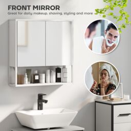 HOMCOM Industrial Bathroom Cabinet with 2 Mirrored Doors Open Shelf, White - Size: W600mm x H600mm - thumbnail 4