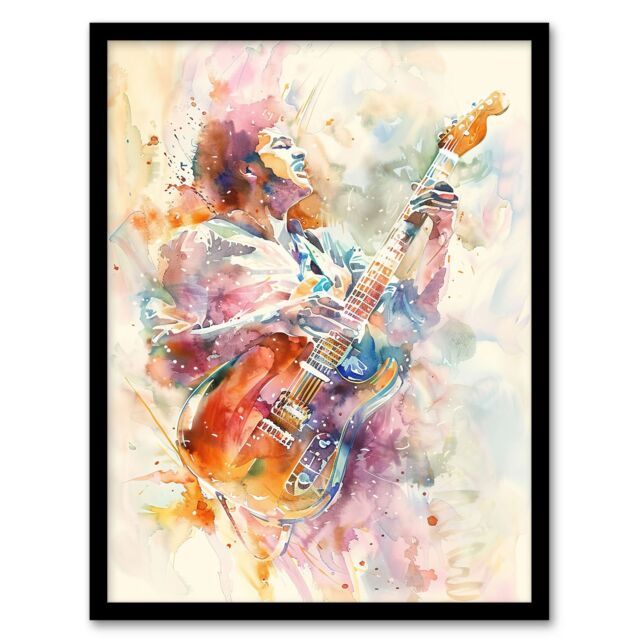 "Artery8 Colourful Watercolour Electric Guitar Musician Framed Art Print - Size: W12"" x H16""" - image 1