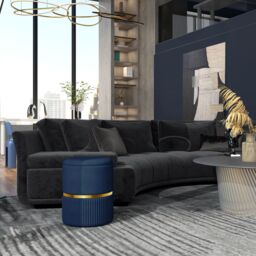 HOMCOM Round Pouffe, Storage Footstool with Cushioned Top, Hidden Space in Dark Blue