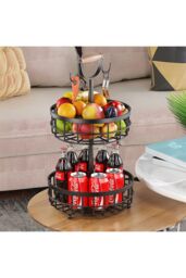 Living and Home 2-Tier Fruit Basket Storage Rack with Hangers & Wooden Handle in Black