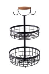Living and Home 2-Tier Fruit Basket Storage Rack with Hangers & Wooden Handle in Black - thumbnail 3