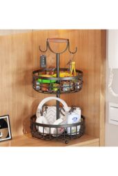 Living and Home 2-Tier Fruit Basket Storage Rack with Hangers & Wooden Handle in Black - thumbnail 2