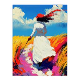 "Artery8 Lady Walking Through Windy Wheat Field Landscape Wall Art Print in Blue - Size: W24"" x H32""" - thumbnail 1
