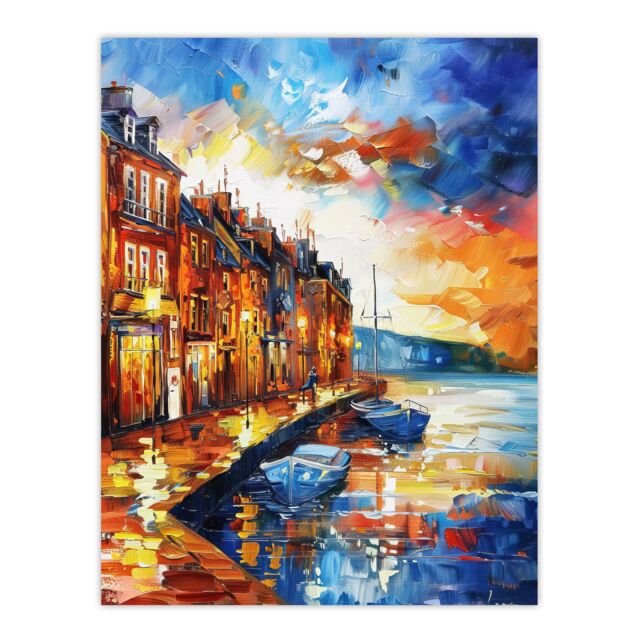 "Artery8 Seaside Town Harbor Sunset Oil Painting Wall Art Print in Orange - Size: W12"" x H16""" - image 1