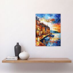 "Artery8 Seaside Town Harbor Sunset Oil Painting Wall Art Print in Orange - Size: W12"" x H16""" - thumbnail 4