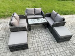 Fimous Rattan Wicker Garden Furniture Patio Conservatory Sofa Set with Rectangular Coffee Table Reclining Chair Love Sofa 2 Big Footstool in Dark Grey - thumbnail 2