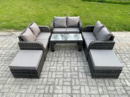 Fimous Rattan Wicker Garden Furniture Patio Conservatory Sofa Set with Rectangular Coffee Table Reclining Chair Love Sofa 2 Big Footstool in Dark Grey - thumbnail 1