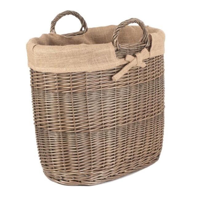 Red Hamper Wicker Hessian Lined Oval Log & Storage Basket in Brown - image 1