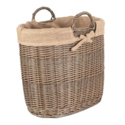 Red Hamper Wicker Hessian Lined Oval Log & Storage Basket in Brown