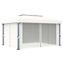 Berkfield Home Gazebo with Curtain&LED String Lights 4x3 m Cream White in Beige - thumbnail 5