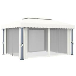 Berkfield Home Gazebo with Curtain&LED String Lights 4x3 m Cream White in Beige - thumbnail 6