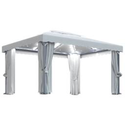 Berkfield Home Gazebo with Curtain&LED String Lights 4x3 m Cream White in Beige - thumbnail 3
