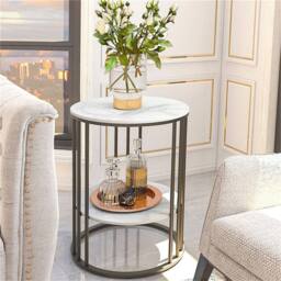 VOGREX Marble Side End Table Round Coffee Table Raised Black Legs Deco in White - Size: 110 cm x 35 cm - thumbnail 4
