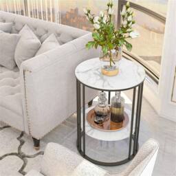 VOGREX Marble Side End Table Round Coffee Table Raised Black Legs Deco in White - Size: 110 cm x 35 cm - thumbnail 5