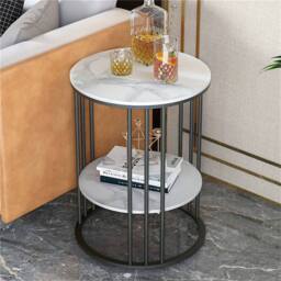 VOGREX Marble Side End Table Round Coffee Table Raised Black Legs Deco in White - Size: 110 cm x 35 cm - thumbnail 6