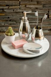 Orsina Dolomite Gold 3 Piece Bathroom Set, Ceramic Bath Accessories Set, Lotion Dispenser, Tumbler, & Soap Dish in Silver - thumbnail 2
