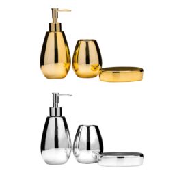 Orsina Dolomite Gold 3 Piece Bathroom Set, Ceramic Bath Accessories Set, Lotion Dispenser, Tumbler, & Soap Dish in Silver - thumbnail 4