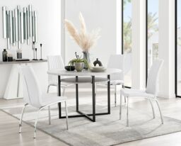 FurnitureboxUK Adley Grey Concrete Effect Round Dining Table & 4 Isco Faux Leather Chairs in White - thumbnail 1