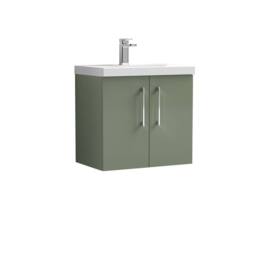 Balterley Contemporary Bathroom Wall Hung 2 Soft-Close Door Vanity Unit & Mid-Edge Basin, Satin Green, 600 mm in Green