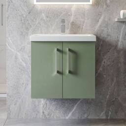 Balterley Contemporary Bathroom Wall Hung 2 Soft-Close Door Vanity Unit & Mid-Edge Basin, Satin Green, 600 mm in Green - thumbnail 6