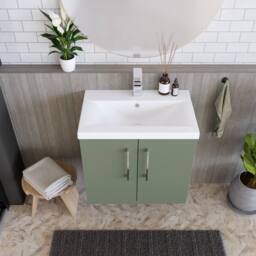 Balterley Contemporary Bathroom Wall Hung 2 Soft-Close Door Vanity Unit & Mid-Edge Basin, Satin Green, 600 mm in Green - thumbnail 3