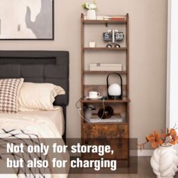 Gymax 6-Tier Nightstand Bedside Tables Tall Night Stands With Charging Station in Brown - thumbnail 4
