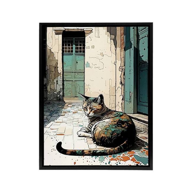 "Artery8 Street Cat Sunbathing On Cobblestone Framed Canvas Wall Art Print - Size: W12"" x H16""" - image 1
