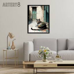 "Artery8 Street Cat Sunbathing On Cobblestone Framed Canvas Wall Art Print - Size: W12"" x H16""" - thumbnail 3