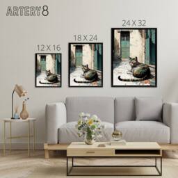 "Artery8 Street Cat Sunbathing On Cobblestone Framed Canvas Wall Art Print - Size: W12"" x H16""" - thumbnail 4