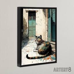 "Artery8 Street Cat Sunbathing On Cobblestone Framed Canvas Wall Art Print - Size: W12"" x H16""" - thumbnail 2