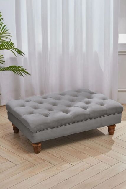 Living and Home Grey Buttoned Velvet Rectangular Ottoman Footstool with Gourd-shaped Legs - image 1