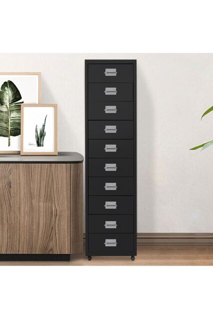 Living and Home Mobile Filing Cabinet Office Metal Unit 10 Drawers in Black - image 1
