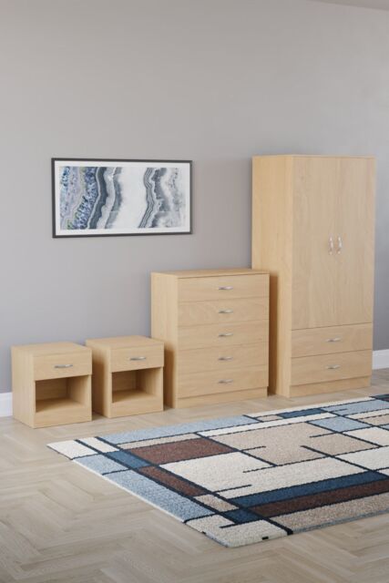 Home Discount Riano 4 Piece Bedroom Set - 1 Drawer Bedside, 5 Drawer Chest, Wardrobe in Brown - image 1