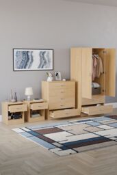 Home Discount Riano 4 Piece Bedroom Set - 1 Drawer Bedside, 5 Drawer Chest, Wardrobe in Brown - thumbnail 2