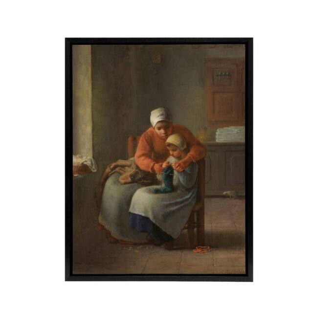 "Artery8 Jean Francois Millet The Knitting Framed Canvas Wall Art Print in Brown - Size: W12"" x H16""" - image 1