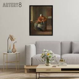 "Artery8 Jean Francois Millet The Knitting Framed Canvas Wall Art Print in Brown - Size: W12"" x H16""" - thumbnail 3