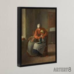"Artery8 Jean Francois Millet The Knitting Framed Canvas Wall Art Print in Brown - Size: W12"" x H16""" - thumbnail 2