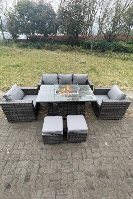 Fimous Outdoor PE Rattan Garden Furniture Gas Fire Pit Dining Table Lounge Sofa 2 PC Armchairs Footstools in Dark Grey - image 1