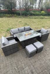 Fimous Outdoor PE Rattan Garden Furniture Gas Fire Pit Dining Table Lounge Sofa 2 PC Armchairs Footstools in Dark Grey - thumbnail 3